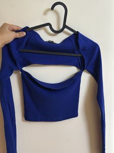 Blue Ribbed Off The Shoulder Crop Top