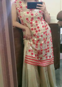 Red &amp; Gold Embellished Kurta with shararas