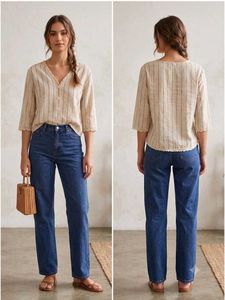 Khadi Striped Lace Trim Button-Up Top