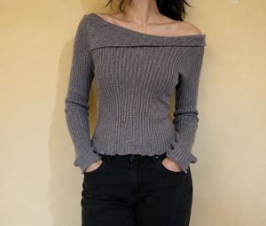 Grey Ribbed Off-Shoulder Sweater