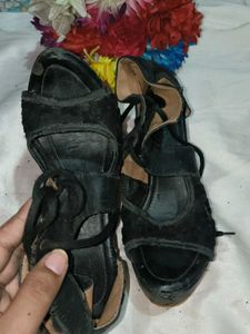 Black Lace-Up Wedge Heels