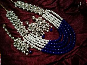 Elegant Pearl & Blue Beaded Necklace Set