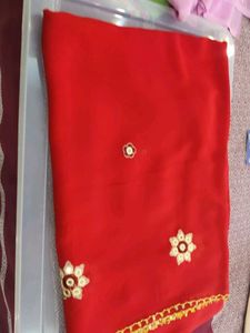 Beautiful Red Saree with Golden Embellishments