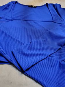 Ribbed Blue Square Neck Top