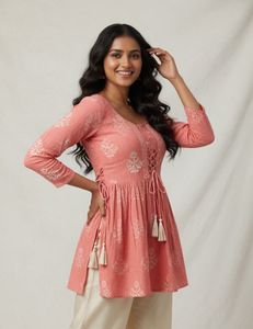 Peach Printed Cotton Kurta with Tassels