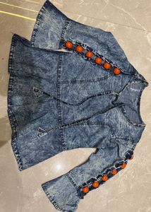 Denim Bell Sleeve Tunic with Orange Embellishments