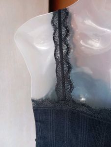 Black Ribbed Lace Trim Crop Top