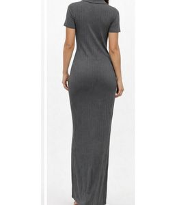 Chic Gray Ribbed Knit Bodycon Maxi Dress