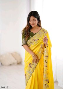 Elegant Yellow Embroidered Premium Chinon Silk Sar