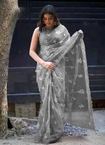 Elegant Grey Embroidered Saree