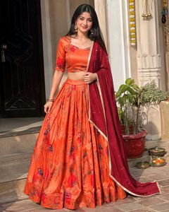 Vibrant Orange Printed Lehenga Choli Set