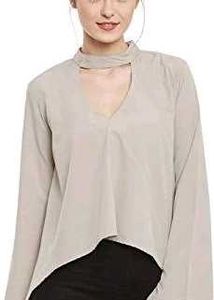 Beige Choker Neck Long Sleeve Blouse