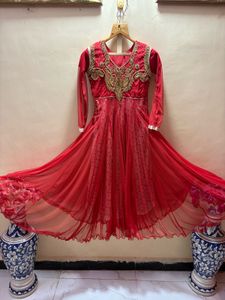 handwork Red Ethnic Gown with Embellishments
