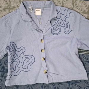 Baby Blue Embroidered Crop Top | Button-Down Colla