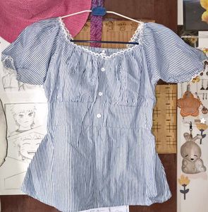 Blue Striped Puff Sleeve Top