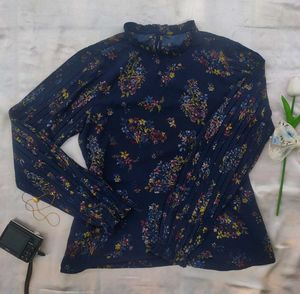 Navy Floral Print Mock Neck Top