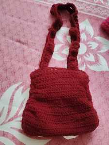 151.Crocheted Maroon Bag with White Bow