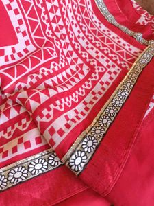 Red white  Bordered Embroidered Saree