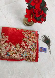 hot Red Embroidered space silk saree