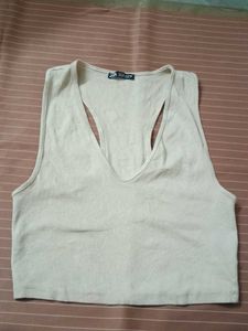 Zara Beige Ribbed Sleeveless Crop Top for Women