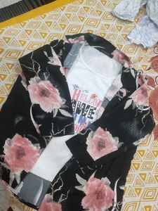 Cute Graphic Tee & Floral Kimono Set