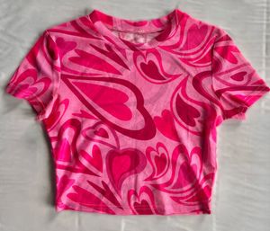 Urbanic Pink Heart Print Mesh Crop Top