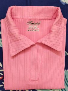 Pink Ribbed Polo Neck Top