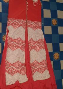 Beautiful Coral Kurta Set with Lace Detail
