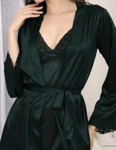 Shein Spaghetti Strap Lace Trim Slit Nightie &amp; Rob