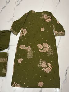 Olive Green Embroidered Kurti Set
