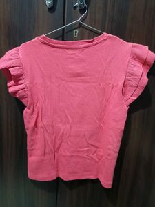Women's Pink Ribbed Top with Ruffled Sleeves