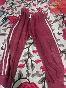 Maroon Velour Track Pants with White Stripes