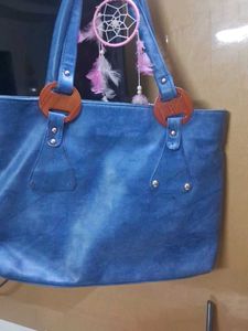 Stylish Blue Tote Bag with Wooden Accents