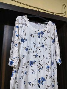 White Kurta with Blue Floral Print
