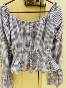 Blue Gingham Off-Shoulder Bell Sleeve Top