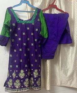 Purple &amp; Green Embroidered Kurta Set