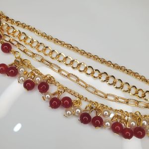 Gold Chain Bracelet with Red and Pearl Charms