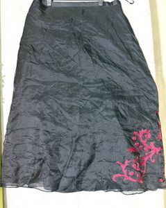Vintage Black A-Line Skirt with Red Floral Embroid