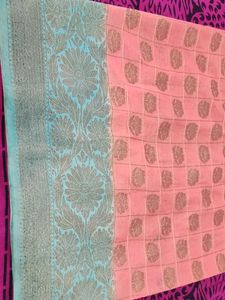 Peach &amp; Teal Woven Sari