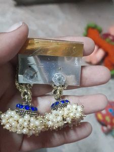 Stunning Blue &amp; Pearl Jhumka Earrings
