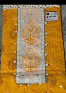 Yellow Printed dress material with Mirror Work