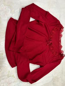 Red Long Sleeve Lace Trim Top