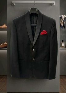 Classic Black Blazer with Red Pocket Square