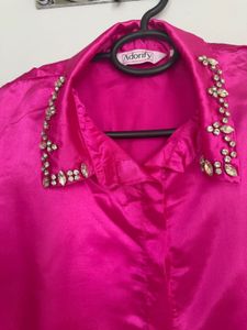 Stone Embellished Satin Pink Shirt