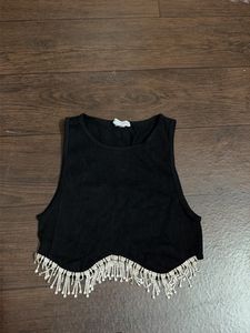 Black Rhinestone Fringe Crop Top