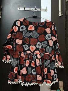 Boho Printed Peplum Kurta with Pom-Poms