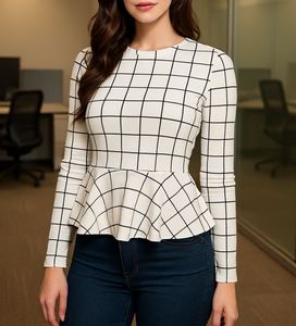 White Plaid Checks Top With Long Sleeves For Women