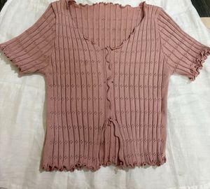 Cute Pink Ribbed Button-Up Cardigan