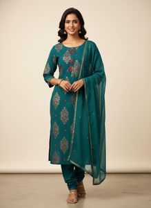 Elegant Teal Kurti with Gold & Red Floral Print