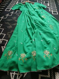 Elegant Green Embroidered Saree with readymade blo